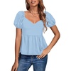 image:imageLYANER Womens V Neck Ruffle Hem Shirred Back Puff Short Sleeve Peplum Top BlouseDusty Blue