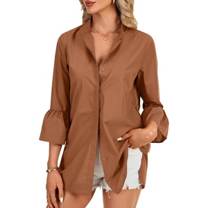image:imageLYANER Womens 34 Length Bell Sleeve Collar V Neck Button Down Blouse Shirt TopCaramel