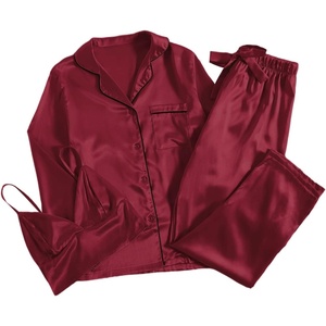 image:imageLYANER Womens 3Pcs Pajamas Satin Cami Top and Long Sleeve Shirt with Pants Sleepwear SetBurgundy