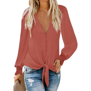 image:imageLYANER Womens Casual V Neck Long Sleeve Tie Front Knot Button Down Shirt Blouse TopCoral Red