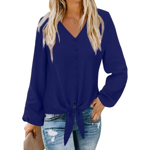 image:imageLYANER Womens Casual V Neck Long Sleeve Tie Front Knot Button Down Shirt Blouse TopDark Royal Blue