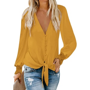 image:imageLYANER Womens Casual V Neck Long Sleeve Tie Front Knot Button Down Shirt Blouse TopGinger