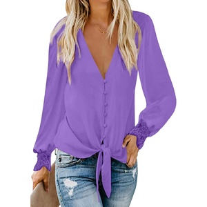 image:imageLYANER Womens Casual V Neck Long Sleeve Tie Front Knot Button Down Shirt Blouse TopPurple