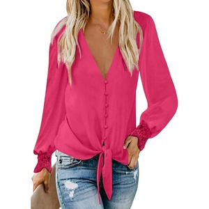 image:imageLYANER Womens Casual V Neck Long Sleeve Tie Front Knot Button Down Shirt Blouse TopRose