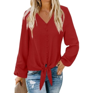 image:imageLYANER Womens Casual V Neck Long Sleeve Tie Front Knot Button Down Shirt Blouse TopSolid Red