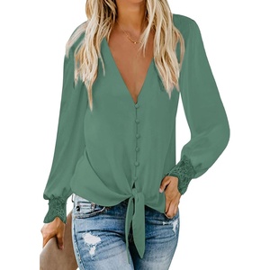 image:imageLYANER Womens Casual V Neck Long Sleeve Tie Front Knot Button Down Shirt Blouse TopTurquoise