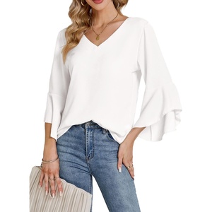 image:imageLYANER Womens Casual V Neck Ruffle Bell Half Sleeve Blouse Shirt Tunic TopWhite