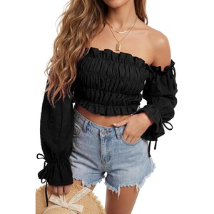 image:imageLYANER Womens Corset Off Shoulder Puff Long Sleeve Ruffle Tie Front Crop Top Blouse ShirtSolid Black