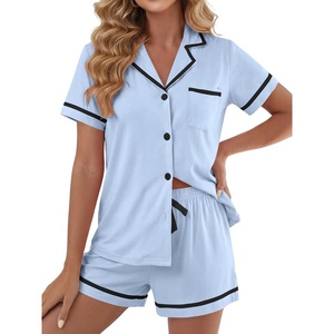 image:imageLYANER Womens Cotton Pajamas Set Button Short Sleeve Shirt with Shorts Set PJs LoungewearLight Blue