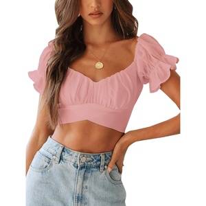 image:imageLYANER Womens Cute Ruffle Puff Short Sleeve Tie Back Crop Top Off The Shoulder Cropped BlouseBaby Pink