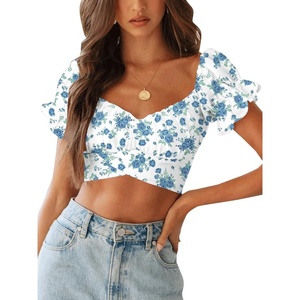 image:imageLYANER Womens Cute Ruffle Puff Short Sleeve Tie Back Crop Top Off The Shoulder Cropped BlouseBlue Rose