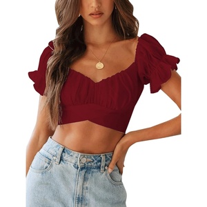 image:imageLYANER Womens Cute Ruffle Puff Short Sleeve Tie Back Crop Top Off The Shoulder Cropped BlouseBurgundy
