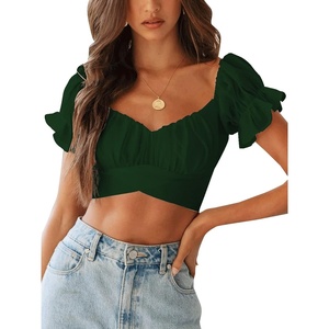 image:imageLYANER Womens Cute Ruffle Puff Short Sleeve Tie Back Crop Top Off The Shoulder Cropped BlouseDark Green