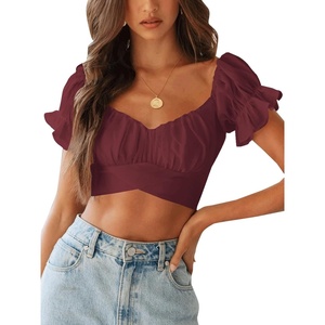 image:imageLYANER Womens Cute Ruffle Puff Short Sleeve Tie Back Crop Top Off The Shoulder Cropped BlouseDark Red