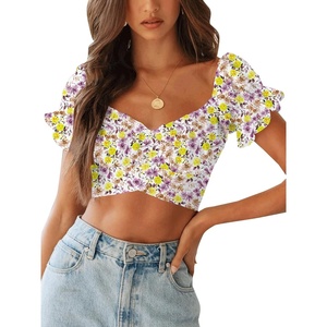 image:imageLYANER Womens Cute Ruffle Puff Short Sleeve Tie Back Crop Top Off The Shoulder Cropped BlouseDitsy Floral Yellow