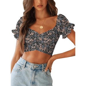 image:imageLYANER Womens Cute Ruffle Puff Short Sleeve Tie Back Crop Top Off The Shoulder Cropped BlouseFloral Black