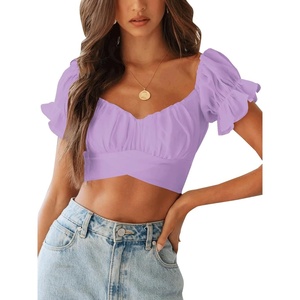 image:imageLYANER Womens Cute Ruffle Puff Short Sleeve Tie Back Crop Top Off The Shoulder Cropped BlouseLight Purple