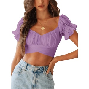 image:imageLYANER Womens Cute Ruffle Puff Short Sleeve Tie Back Crop Top Off The Shoulder Cropped BlouseLight Violet
