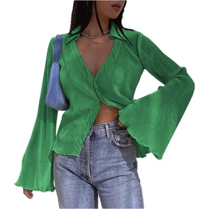image:imageLYANER Womens Deep V Neck Button Front Bell Long Sleeve Blouse Shirt TopGrass Green