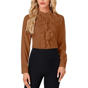 image:imageLYANER Womens Dressy Mock Neck Blouse Tops Ruffle Front Long Sleeve Button Down Work ShirtBrown