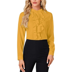 image:imageLYANER Womens Dressy Mock Neck Blouse Tops Ruffle Front Long Sleeve Button Down Work ShirtGinger