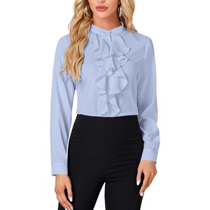 image:imageLYANER Womens Dressy Mock Neck Blouse Tops Ruffle Front Long Sleeve Button Down Work ShirtLight Blue