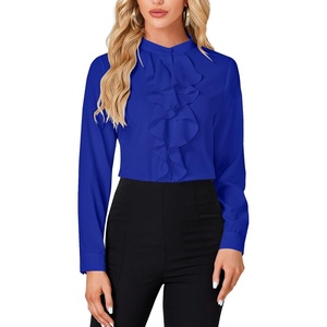 image:imageLYANER Womens Dressy Mock Neck Blouse Tops Ruffle Front Long Sleeve Button Down Work ShirtRoyal Blue