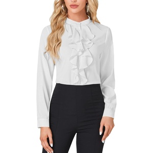 image:imageLYANER Womens Dressy Mock Neck Blouse Tops Ruffle Front Long Sleeve Button Down Work ShirtWhite