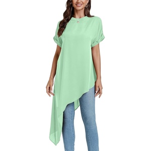 image:imageLYANER Womens Elegant Casual Mock Neck Short Sleeve Irregular Hem Loose Blouse Tops Dressy Work Shirt TopMint Green