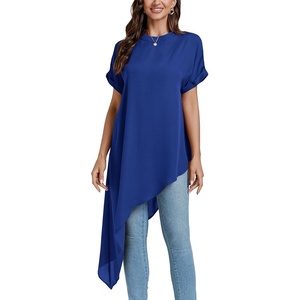 image:imageLYANER Womens Elegant Casual Mock Neck Short Sleeve Irregular Hem Loose Blouse Tops Dressy Work Shirt TopRoyal Blue