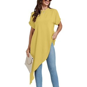 image:imageLYANER Womens Elegant Casual Mock Neck Short Sleeve Irregular Hem Loose Blouse Tops Dressy Work Shirt TopYellow