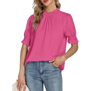 image:imageLYANER Womens Frill Mock Neck Pletaed Puff Short Sleeve Chiffon Blouse Shirt TopRose