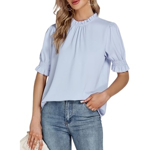 image:imageLYANER Womens Frill Mock Neck Pletaed Puff Short Sleeve Chiffon Blouse Shirt TopSky Blue