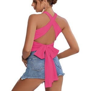 image:imageLYANER Womens Halter Criss Coss Backless Self Tie Back Sleeveless Blouse Shirt Cami TopRose
