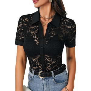 image:imageLYANER Womens Lace Tops Button Up Sexy Short Sleeve Shirt Dressy Casual Sheer Top Collared BlouseBlack