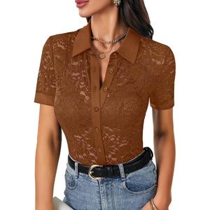 image:imageLYANER Womens Lace Tops Button Up Sexy Short Sleeve Shirt Dressy Casual Sheer Top Collared BlouseCaramel