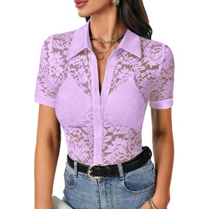 image:imageLYANER Womens Lace Tops Button Up Sexy Short Sleeve Shirt Dressy Casual Sheer Top Collared BlouseLight Purple