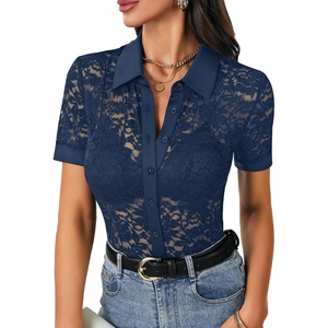 image:imageLYANER Womens Lace Tops Button Up Sexy Short Sleeve Shirt Dressy Casual Sheer Top Collared BlouseNavy