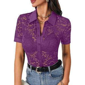 image:imageLYANER Womens Lace Tops Button Up Sexy Short Sleeve Shirt Dressy Casual Sheer Top Collared BlousePurple