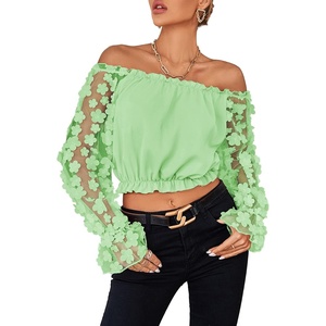 image:imageLYANER Womens Off Shoulder Floral Mesh Long Sleeve Ruffle Trim Crop Blouse TopLight Green