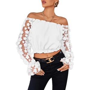 image:imageLYANER Womens Off Shoulder Floral Mesh Long Sleeve Ruffle Trim Crop Blouse TopWhite