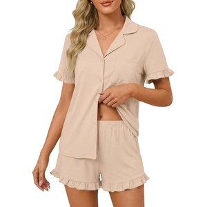 image:imageLYANER Womens Pajamas Set Button Down V Neck Short Sleeve Ruffle Pjs Top with Shorts SleepwearBeige