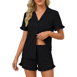 image:imageLYANER Womens Pajamas Set Button Down V Neck Short Sleeve Ruffle Pjs Top with Shorts SleepwearBlack