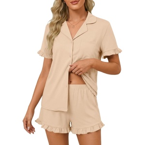 image:imageLYANER Womens Pajamas Set Button Down V Neck Short Sleeve Ruffle Pjs Top with Shorts SleepwearDark Beige