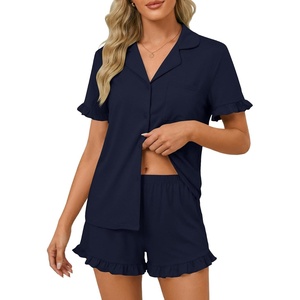 image:imageLYANER Womens Pajamas Set Button Down V Neck Short Sleeve Ruffle Pjs Top with Shorts SleepwearDark Blue