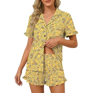image:imageLYANER Womens Pajamas Set Button Down V Neck Short Sleeve Ruffle Pjs Top with Shorts SleepwearLight Yellow