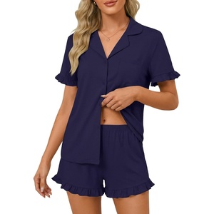 image:imageLYANER Womens Pajamas Set Button Down V Neck Short Sleeve Ruffle Pjs Top with Shorts SleepwearNavy Blue