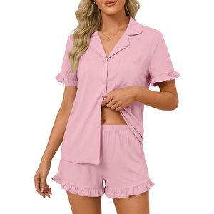 image:imageLYANER Womens Pajamas Set Button Down V Neck Short Sleeve Ruffle Pjs Top with Shorts SleepwearPink