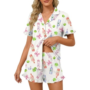 image:imageLYANER Womens Pajamas Set Button Down V Neck Short Sleeve Ruffle Pjs Top with Shorts SleepwearPink Bottle Knot