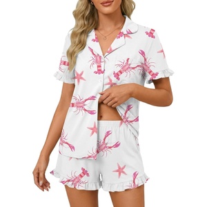 image:imageLYANER Womens Pajamas Set Button Down V Neck Short Sleeve Ruffle Pjs Top with Shorts SleepwearPink Starfish